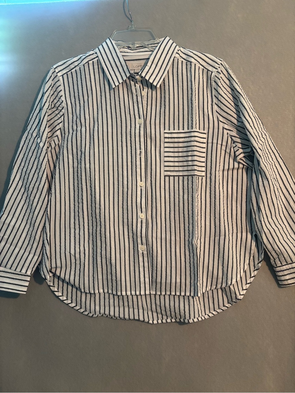 LOFT Black and White Vertical Stripe Button-Down Blouse